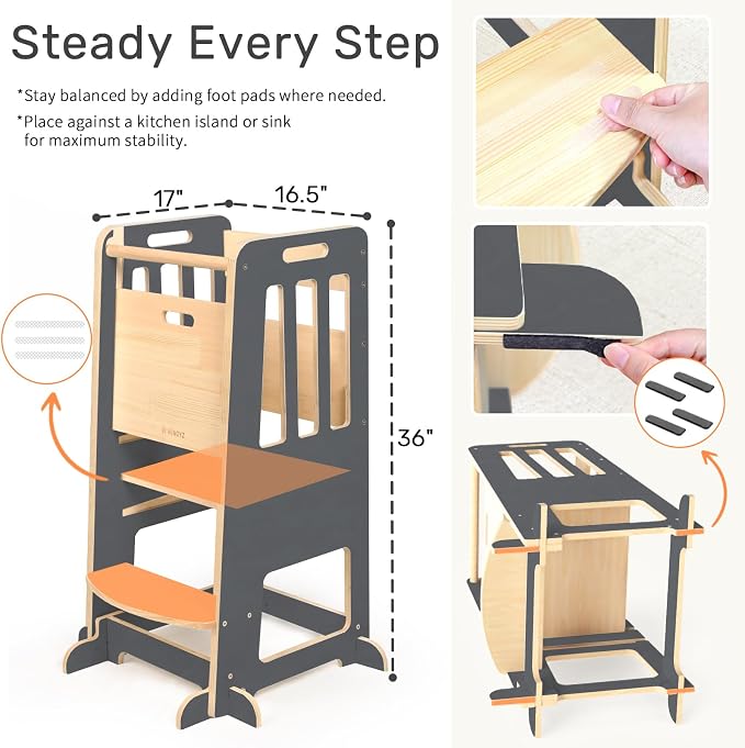 WINGYZ Toddler Tower - Anti-Tip Natural Wood Learning Stool Helper for Kids 18M-6Y, 150lb Capacity Kitchen Stool with 3-Height Adjustable Platform and Sliding Door Access, 20lb Portable Design, Black