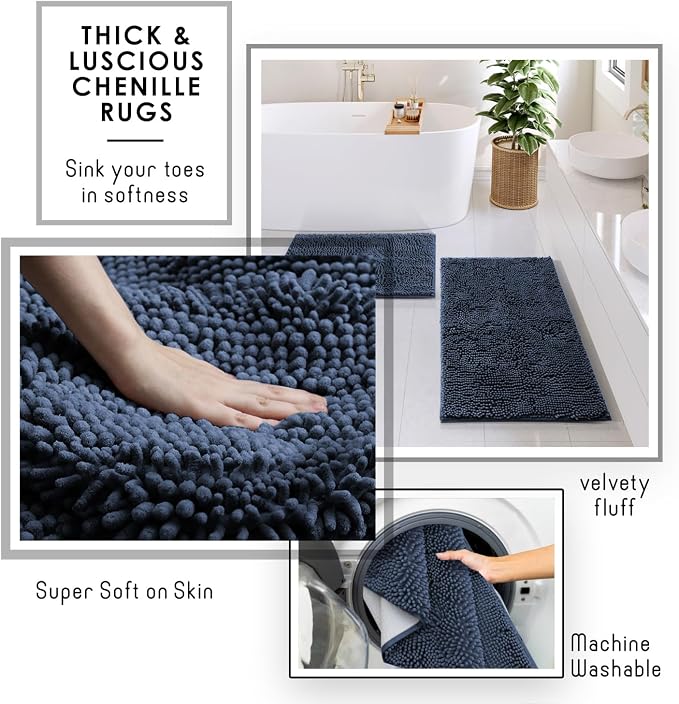 Clara Clark Bathroom Accessories Set - 27PC Bathroom Set with Adhesive Corner Shower Caddy Hanging, Bathroom Sets with Shower Curtain and Rugs, Navy Blue Shower Curtain Set with Bathroom Trash Can
