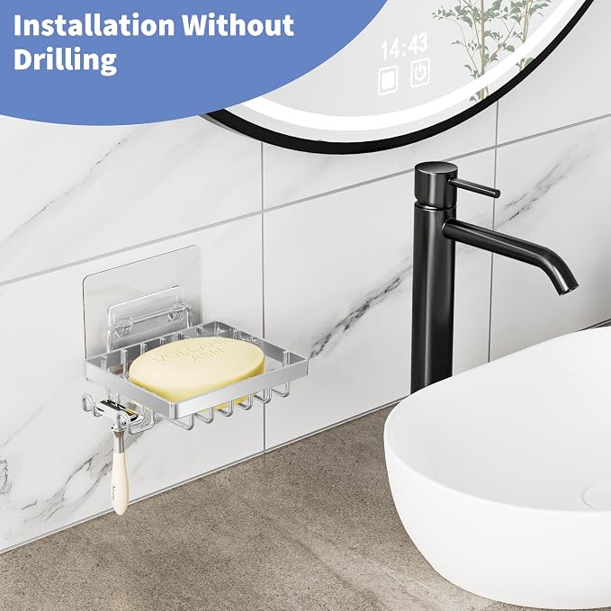 Moforoco Stainless Steel Soap Bar Holder for Shower, No Drilling Bathroom Accessories, Wall Mounted Soap Holder with Hooks, Shower Rack Tray Bar for Suitable for Bathroom, Kitchen Sink