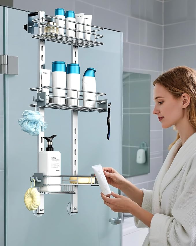 Nieifi Over the Door Shower Caddy, Stainless Steel Rustproof, Adjustable Hanging Shower Organizer, Anodized Aluminum, Silver