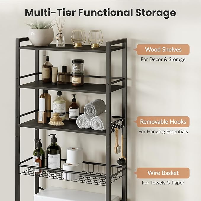 Over The Toilet Storage Shelf, 4-Tier Bathroom Organizer with Basket & Hooks, Sturdy Space Saver for Small Bathrooms, Black