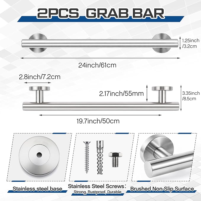 Zonon 2 Pack Shower Grab Bars, 24 Inch Heavy Duty Stainless Steel Bathroom Safety Grab Bar with 1.25" Diameter, Wall Mounted Anti-Slip Safety Handle for Seniors Elderly Handicap, Bathtub Toilet Step