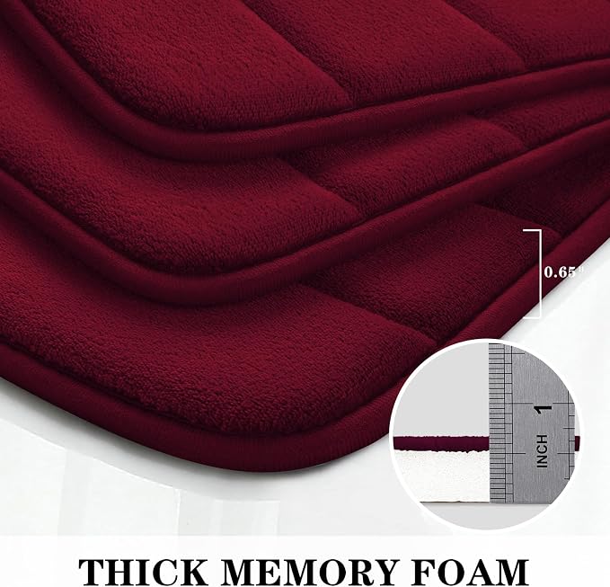 BYSURE Burgundy Memory Foam Bath Mats, Non Slip Extra Soft Absorbent Machine WashableToilet Bathroom Rug Set 3 Piece (20"x32"+24"x44"+U Shape 20"x24")