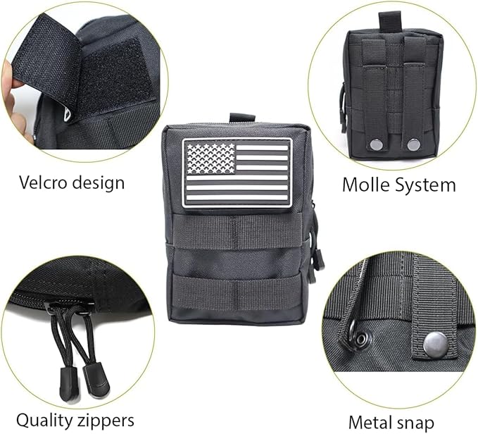 2 Pack Tactical Molle Pouches Small Molle Utility Pouch Small Tactical Accessory Bag Belt Pouches Vest Pouch Compact Water-Resistant EDC Pouch with Flag Patch