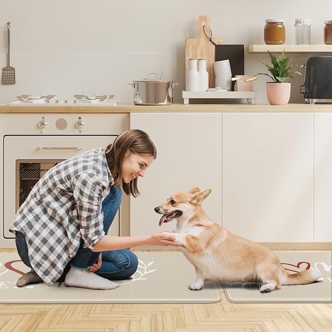 HappyTrends Kitchen Mat for Floor, 2PCS Cushioned Anti-Fatigue Kitchen Rugs, Waterproof Non-Slip Standing Mats and Rugs Set for Kitchen, Office, Laundry, Khaki, 17.3"×30"+17.3"×59"