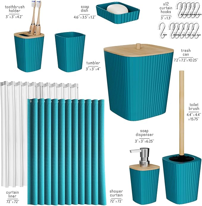 Clara Clark Bathroom Accessories Set - Bathroom Set, Bathroom Accessory Set, Shower Curtain Set, Toilet Brush, Trash Can & Soap Dispenser - Teal - 20PC