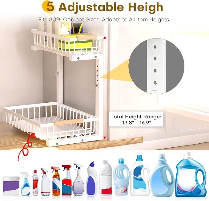 Under Sink Organizer, 2 Tier Pull Out Under-Sink Shelves, Adjustable Height (13.8" -16.9"), Sturdy Metal Storage Organizer for Bathroom Kitchen Pantry Cabinet (2 Packs, White)
