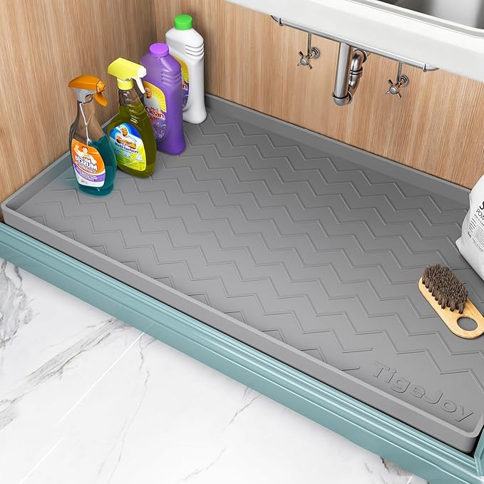 TigeJoy Under Sink Mats for Kitchen Waterproof, Leak-Proof Silicone Mat Sink Protector and Cabinet Liner, Kitchen Essentials Organizer and Storage 31" x 22" Light Grey