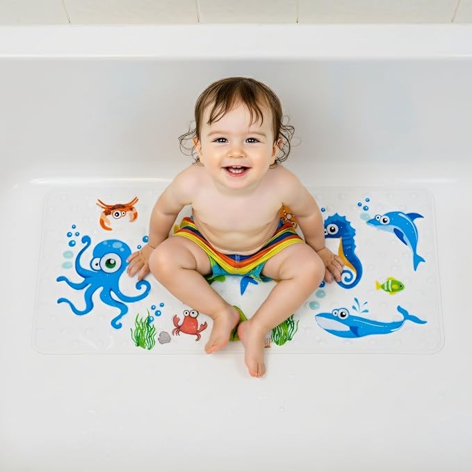 BEEHOMEE Bath Mats for Tub Kids,Baby Toddler - Large Cartoon Non-Slip Bathroom Bathtub Anti-Slip Shower Mats for Floor 35x15,Machine Washable XL Size Bathroom Mats (Blue-Octopus)