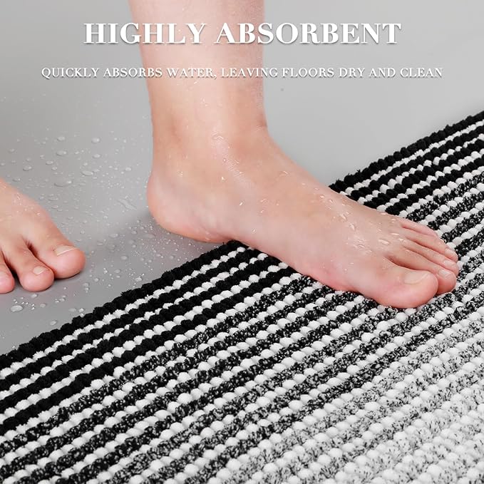 BSICPRO Bathroom Rugs and Mats Sets, 2 Piece Thick Absorbent Chenille Bath Mat Rug Set Non Slip, Soft Shaggy Bath Room Floor Mats for Bathroom, Machine Washable (Black, 20" x 60" Plus 20" x 32")