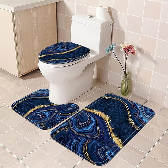 Nkzply 4 Pcs Blue Marble Shower Curtain Sets with Rugs Gold Bathroom Sets with Shower Curtain and Rugs Modern Abstract Bathroom Decor Accessories Shower Curtains for Bathroom Toilet Lid Cover