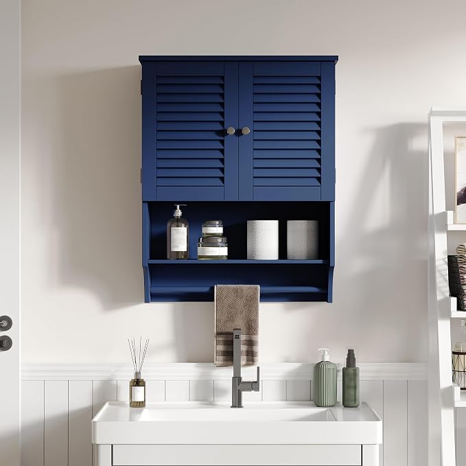 ChooChoo Bathroom Wall Cabinet with Towels Bar, 23.6" L x7.9 W x27.5 H MDF Material Medicine Cabinet, 2 Doors Over The Toilet Space Saver Storage Cabinet with Large Space, Navy Blue