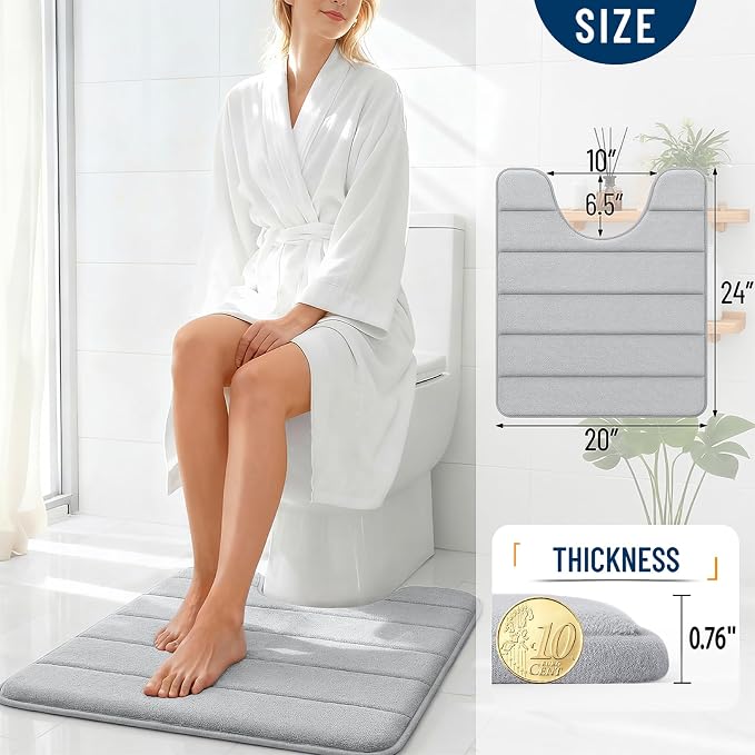 OLANLY Memory Foam Toilet Rugs U Shaped 24x20, Super Soft Absorbent Contour Bath Rugs, Quick Dry, Machine Washable Toilet Mat, Bathmat Floor Carpet, Bathroom Home Decor Accessories, Light Gray