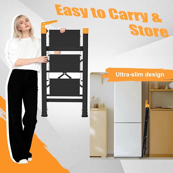 3 Step Ladder with Single-Handrail, Aluminum Step Stool Foldable, Lightweight Sturdy Step Ladder with Anti-Slip Pedals,Convenient Handrail for Home Kitchen Closet, 600lbs Max Load Capacity (Yellow)