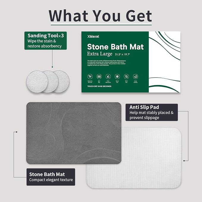 XMarrat Large Stone Bath Mat, Super Absorbent Diatomaceous Earth Bath Mat Large, Quick Drying Non-Slip Diatomite Stone Bath Mats for Bathroom, Easy to Clean (Dark Grey, Extra Large 31.5" x 19.7")