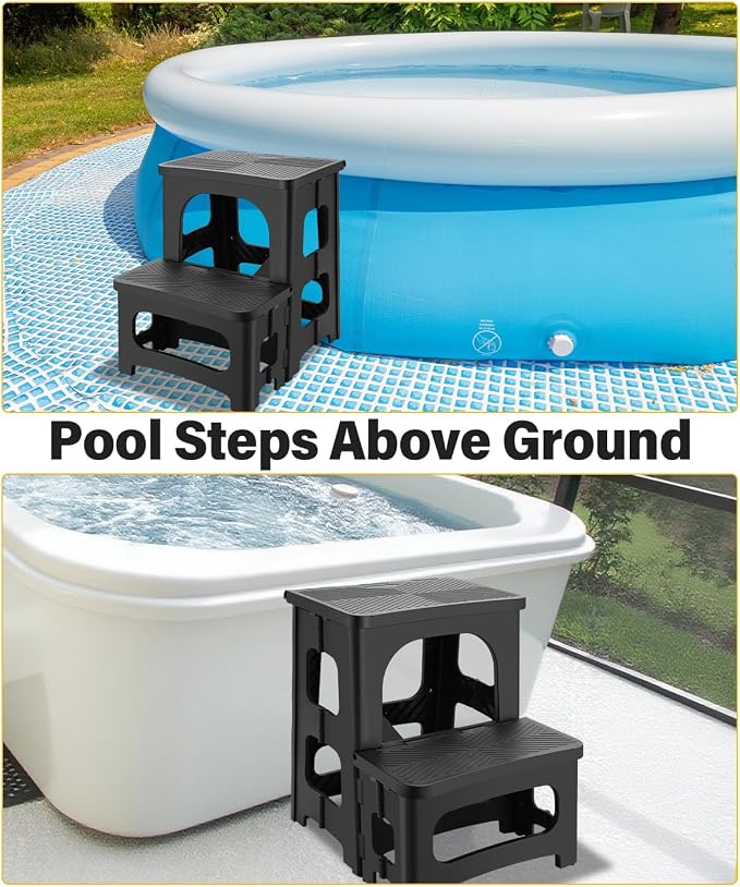 Folding 2-Step Stool for Adults, Non-Slip Collapsible Footstool for Office, Portable Bedside Step Stool, Hold up to 300 lbs, Lightweight & Foldable Step Ladder for Pool Office Home RV