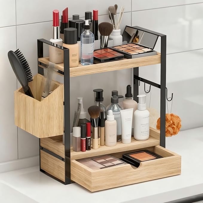 2-Tired Bathroom Counter Organizers and Storage, Bathroom Countertop Organizer with Drawer, Solid Wood Skincare Perfume Organizer for Vanity Kitchen Corner Shelf Office Countertop (Light Brown)