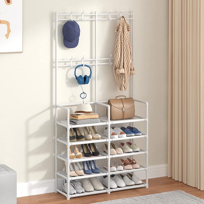 Laiensia 5-Tier Entryway Coat Rack, Coat and Shoe Rack, Entryway Bench Storage Organizer with 8 Hooks for Bedroom, Hallway, Office, White