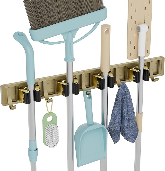 reliahom Broom Holder Wall Mount, 4 Racks with 5 Hooks Bronze - Mop Storage Tool Racks, Broom Hanger Tool Organizer for Garage, Kitchen, Garden, Laundry Room