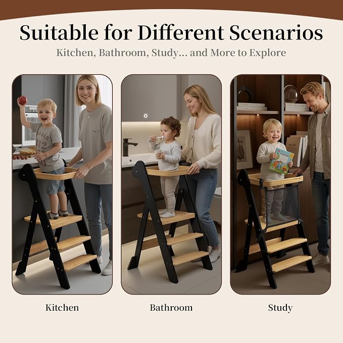 COSYLAND Foldable Standing Tower – IF Design Awarded Toddler Kitchen Step Stool with Safety Net & Large Side Support Legs– Height Adjustable Toddler Learning Helper Stool (Black & Natural)-Foldi