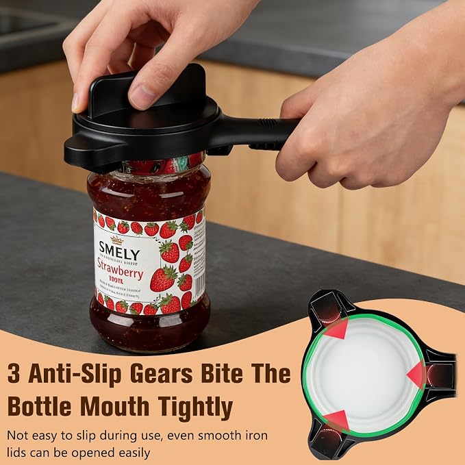 Multi-Functional 4-in-1 Jar & Bottle Opener, Adjustable Grip for Lids 1-3.5 Inches, Magnetic Stainless Steel Can Opener with Ergonomic Handle, Easy Open Kitchen Tool (1-Pack, Black)