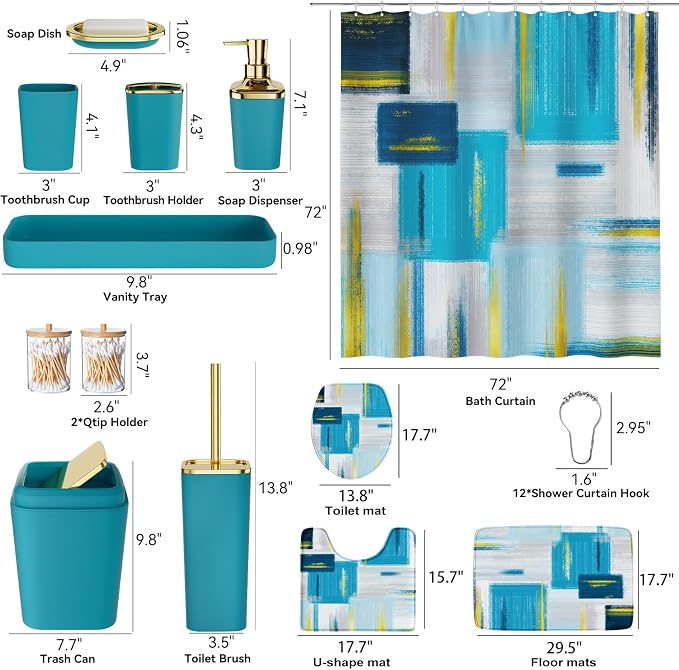 XLHOMO Bathroom Set - Teal Blue Bathroom Accessories Set, Bathroom Sets with Shower Curtain and Rugs, Teal Blue Shower Curtain Set with Bathroom Trash Can, Soap Dispenser, Soap Dish for Home Decor