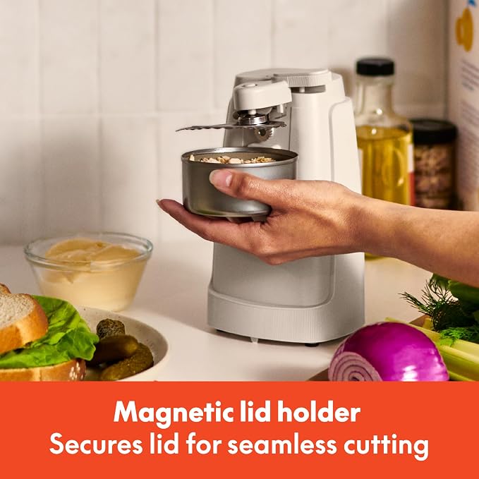 bella Electric Can Opener and Knife Sharpener, Removable Cutting Lever, Cord Storage, Stainless Steel Blade, Oatmilk