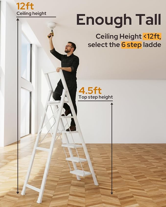 6 Step Ladder for 12 Feet High Ceiling, Lightweight Aluminum Folding Step Stool with Convenient Handgrip, Stepladders with Anti-Slip and Wide Pedal for Home Use Space Saving - White