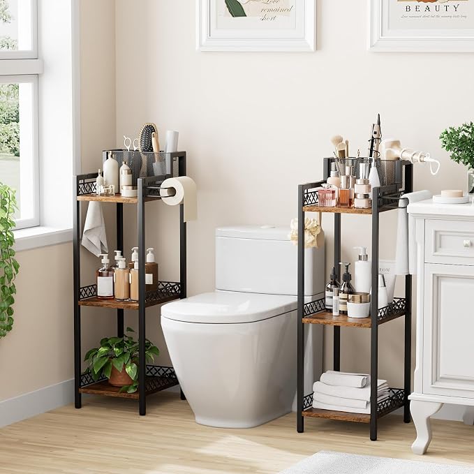Bathroom Storage and Organizer Shelf Hair Dryer Holder, 9.85in 3-Tier Narrow Metal Standing Rack with Toilet Paper Holder, Corner Stand for Cosmetic, Vanity, Kitchen, Laundry Rustic Brown