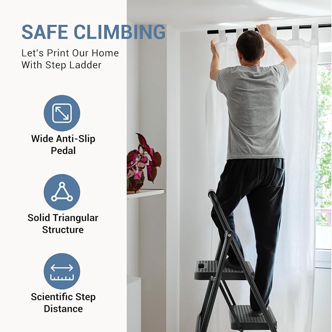 DUMOS Step Ladder, 2 Sturdy Step Stool with Anti-Slip Pedal & Comfortable Handrail, Portable Heavy Duty Stool for Kitchen, Garage & Outdoor Use, 800lbs, Elegant Black