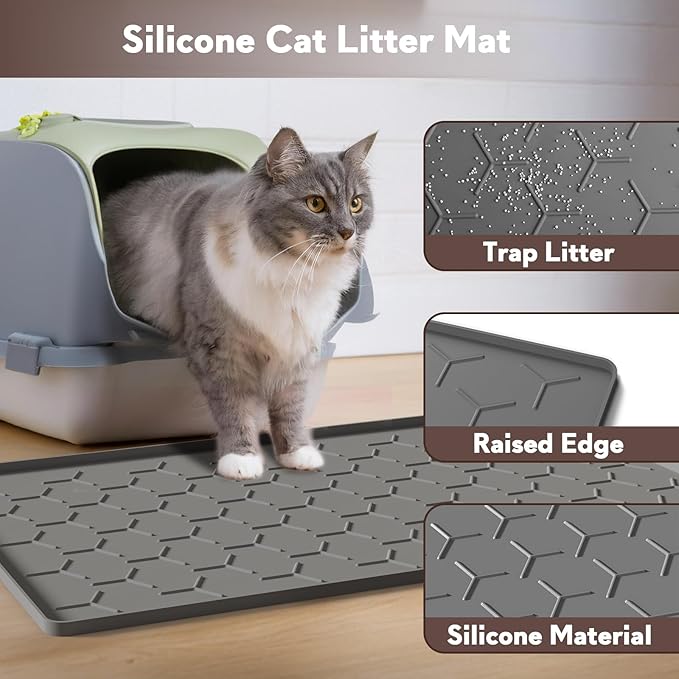 Garoopion Cat Litter Box Mat, Silicone Kitty Litter Mat, 24" X 16" Waterproof Silicone Pad for Floor, Dark Gray