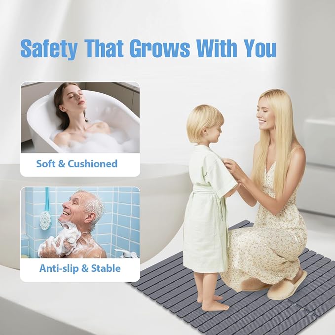 Shower Mat Non-Slip Bath Mat for Tub and Shower Stall,236 Suction Cups with Drain Holes, Quick Dry Machine Washable, Extra Grip for Stand Up Showers, Bathroom Essentials 24x24 Inch (Light Grey)
