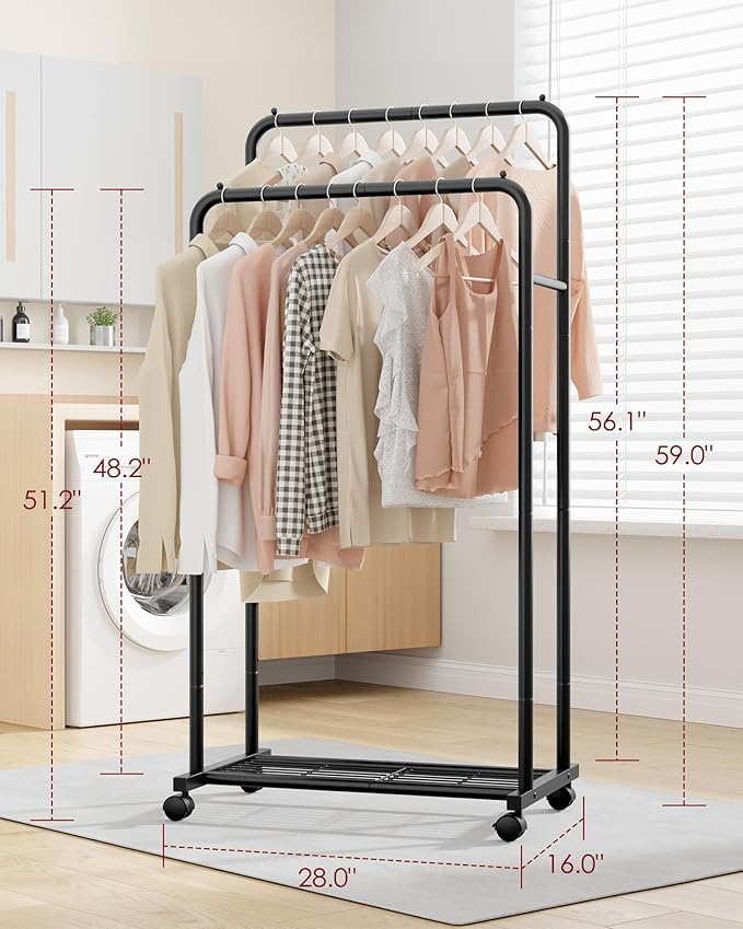 Sakugi Clothes Rack - Clothing Rack with Storage Mesh Shelf & Casters, Heavy-Duty Metal Clothing Rack for Hanging Clothes, Dresses, Coats, Large Load Capacity, Easy Assembly, Black, 28.0"x16.0"x59.0"