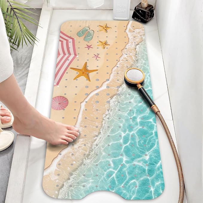 Bathtub Mat Non Slip, Beach Extra Long Bath tub Mat Shower Floor Mat with Suction Cups and Drain Holes for Adults Kids Elderly 40 X 16 Inch