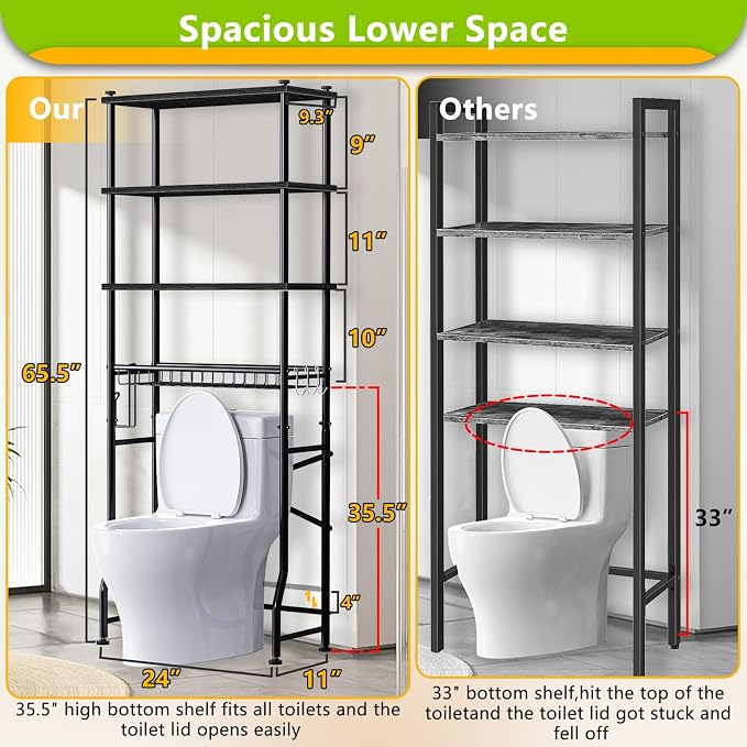 Mlinavn Over-The-Toilet Storage Rack, 4-Tier Bathroom Organizer Shelf Over Toilet with Adjustable Shelf and Basket, Freestanding Space Saver Bathroom Shelves Above Toilet for Room (Black)