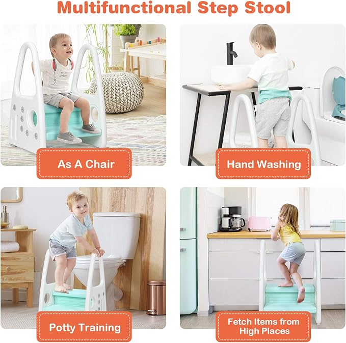 Costzon Kids Step Stool, Toddler Step Ladder for Toilet Potty Training, Kitchen Counter, Bathroom, Two Step Tower w/Non-Slip Design, Safety Handles, 110 Lbs Weight Capacity (Blue)