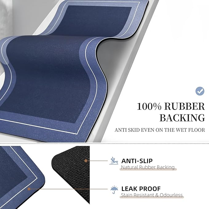 Mordem Diatomaceous Earth Bath Mat Super Absorbent Quick Dry Bath Mat, Bathroom Rugs Non Slip Washable, Thin Blue Bathroom Floor Mats-Shower Rug for in Front of Bathtub Shower, Easy Care,19.6"x31.5"