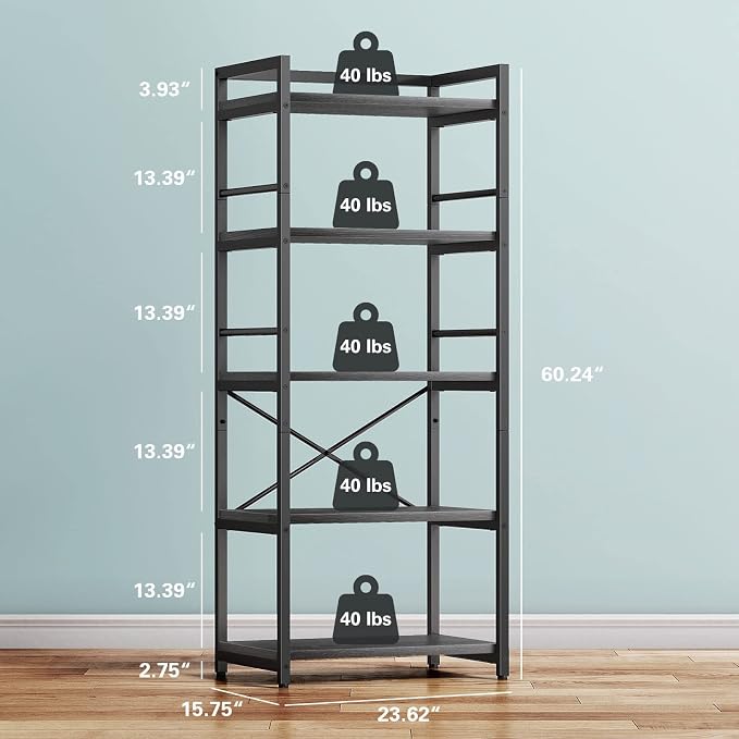 Denkee 5-Tier Bakers Rack for Kitchen with Storage, Industrial Microwave Stand Shelf, Coffee Bar for Small Spaces, Free Standing Kitchen Storage Shelf Rack, 23.62" L x 15.75" W x 60.24" H, Black