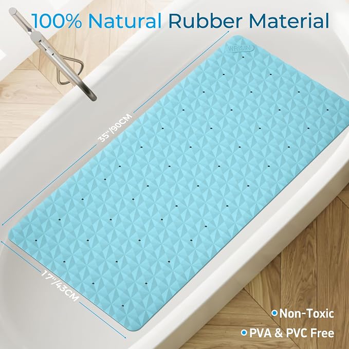 Non Slip Bathtub Mat for Bath Tub Shower Safety - Natural Rubber Mat with Suction Cups ＆ Drain Holes - BPA/PVC Free Large Bathroom Mat - Machine Washable - Unique Diamond Pattern - 17 × 35 Inch
