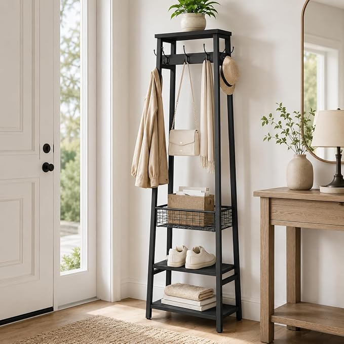 Coat Rack Freestanding, Coat Stand with Metal Basket and Storage Shelves, Hall Tree Free Standing with and 7 Hooks, Clothes Rack Stand Organizer, Black