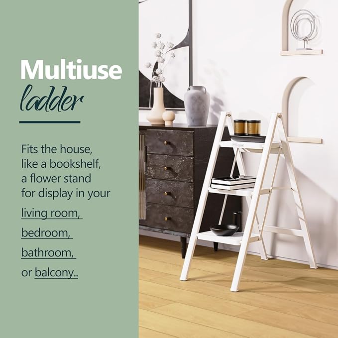 WOA WOA Step Ladder for Home, Foldable Step Stool for Kitchen with Non-Slip Pedals, Sturdy Ladders Supports up to 330 lbs, Compact and Portable - 3 Step/White
