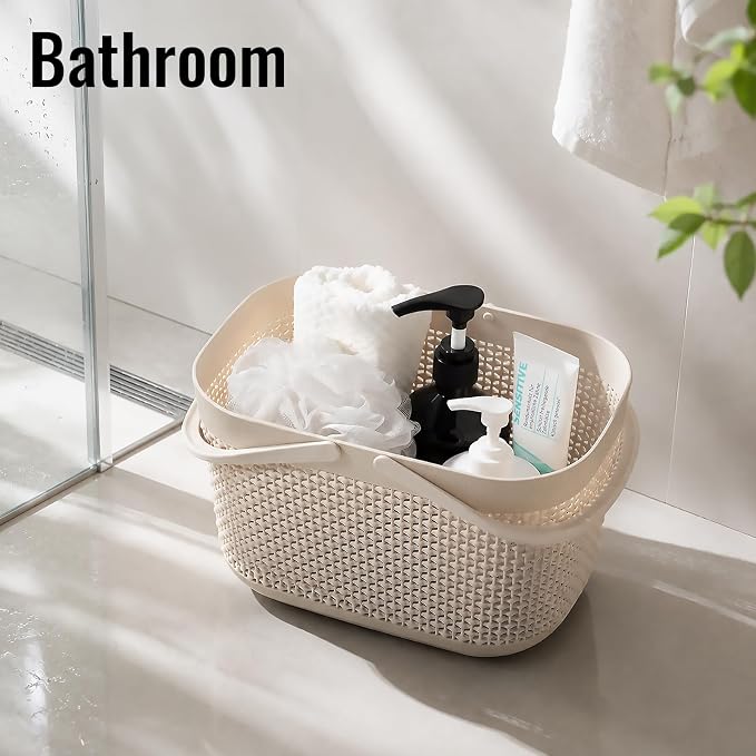 UUJOLY Plastic Organizer Storage Baskets with Handles, Shower Caddy Bins Organizer for Bathroom and kitchen, Beige