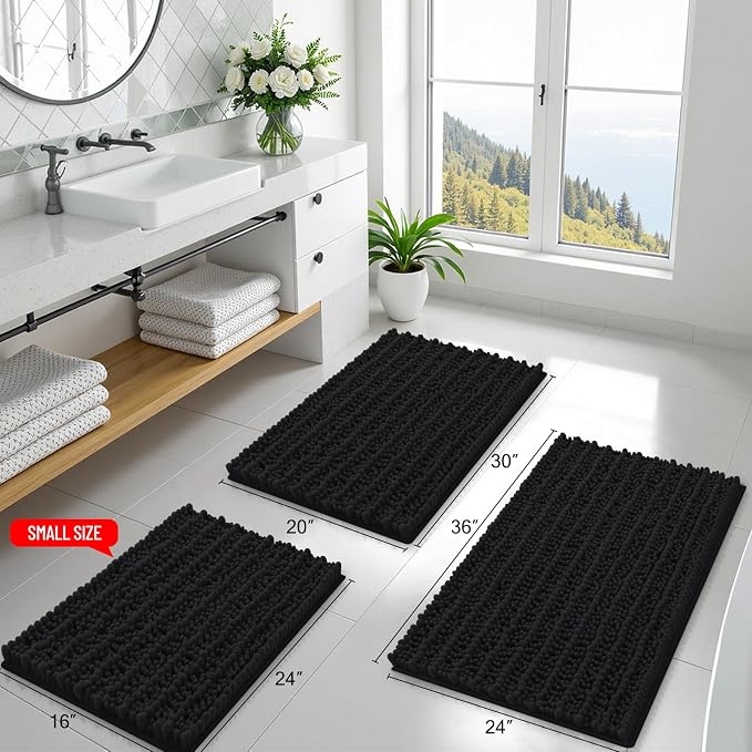 Smiry Bathroom Rugs Mat 47x24, Extra Soft Absorbent Chenille Bath Rugs, Non Slip Rubber Backing Machine Washable Quick Dry Bath Mats for Bathroom Floor, Tub, Shower, Home Decor Accessories, Black