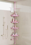 XLHOMO 32-122inch Corner Shower Caddy Tension Pole Pink, Rustproof Drill-Free Shower Shelves for Bathroom Bathtub Washbasin, Adjustable Shower Organizer with 4 Tier Patent Stable Shelves & Towel Bars