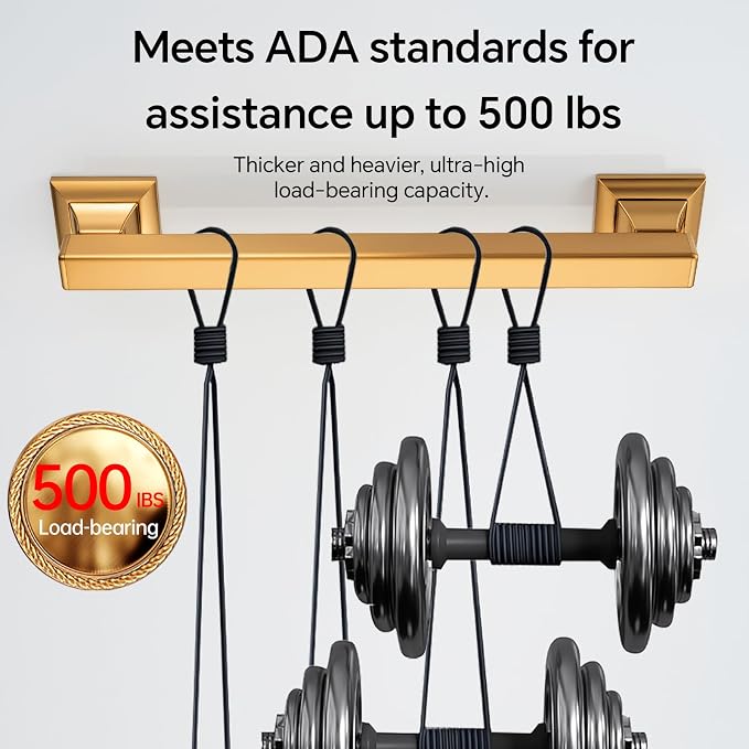 Joyrain Stainless Steel Square Grab Bar - ADA Compliant 500lb Weight Limit, 16/24/32 Inch Bathroom Safety Rail for Seniors & Disabled (Matte Gold, 16 inch)