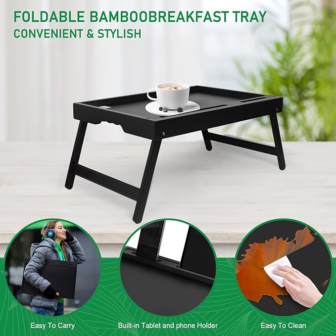 Artmeer Bed Tray Table with Folding Legs, Bamboo Breakfast Food Tray with Media Slot, Use As Platter, Laptop Desk, Snack, TV Tray Kitchen Serving Tray (Black Extra-Large Size)