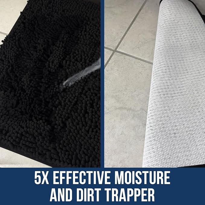 Muddy Mat® | Chenille Bathroom Rugs Quick Dry Microfiber Mats Non Slip Washable, Extra Thick, Soft and Highly Absorbent Bath Mats for Bathroom, Kitchen, and Shower Floor - Black 24"x36"