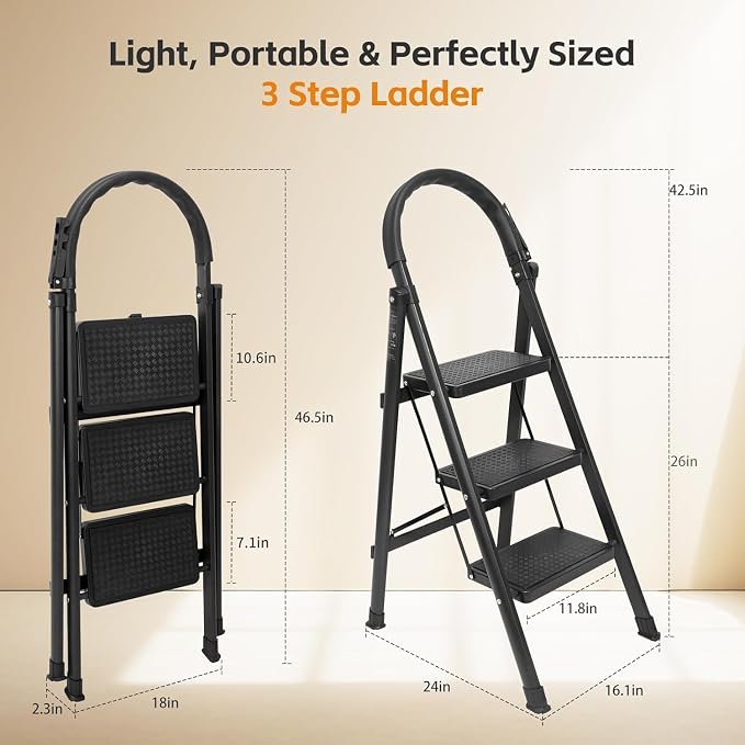 3 Step Ladder, Folding Step Stool with Wide Anti-Slip Pedal, Sturdy Step Ladder Foldable, Lightweight Portable Steel Step Stool for Kitchen, Home (Black, 3-Step)