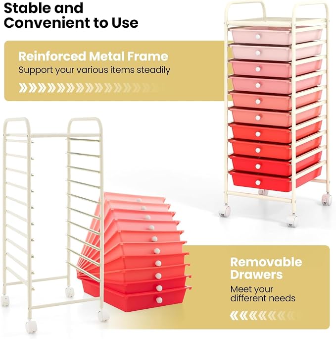 10-Drawer Rolling Storage Cart, Trolley w/Lockable 360° Wheels, 10 Removable PP Drawers, Sturdy Metal Frame, Rolling Utility Cart Perfect for Home, Office, Classroom (Mixed Pink)