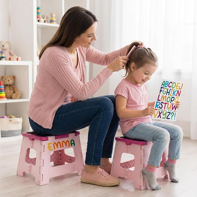 Delxo 9 Inch Folding Step Stool for Kids - Includes 3 Alphabet Letter Stickers & 2 Non-Slip Grip Pads, Sturdy Foldable Foot Stool for Toddlers, Kitchen, Bathroom & Bedroom (Pink)